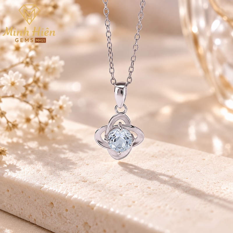 Dây chuyền Cỏ 4 Lá Đá Aquamarine tự nhiên - Bạc S925