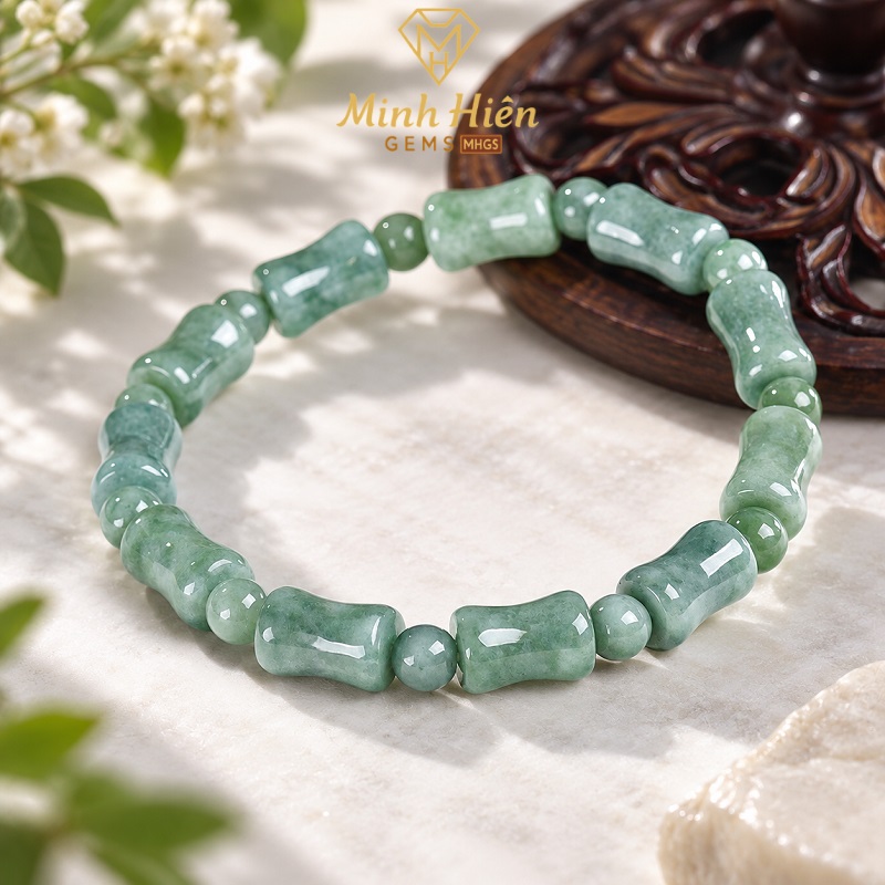 Vòng tay Đốt Tre Ngọc Phỉ Thúy Xanh Đậu tự nhiên loại A