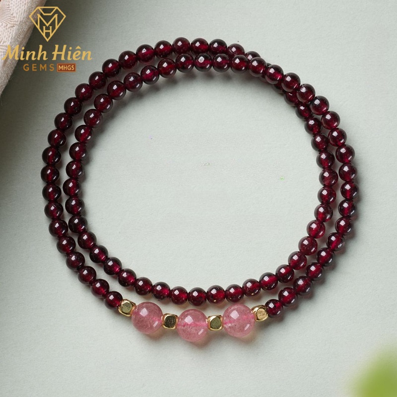 Vòng tay Garnet 5A và Thạch Anh Dâu Tây tự nhiên quấn 2 vòng hạt 4mm