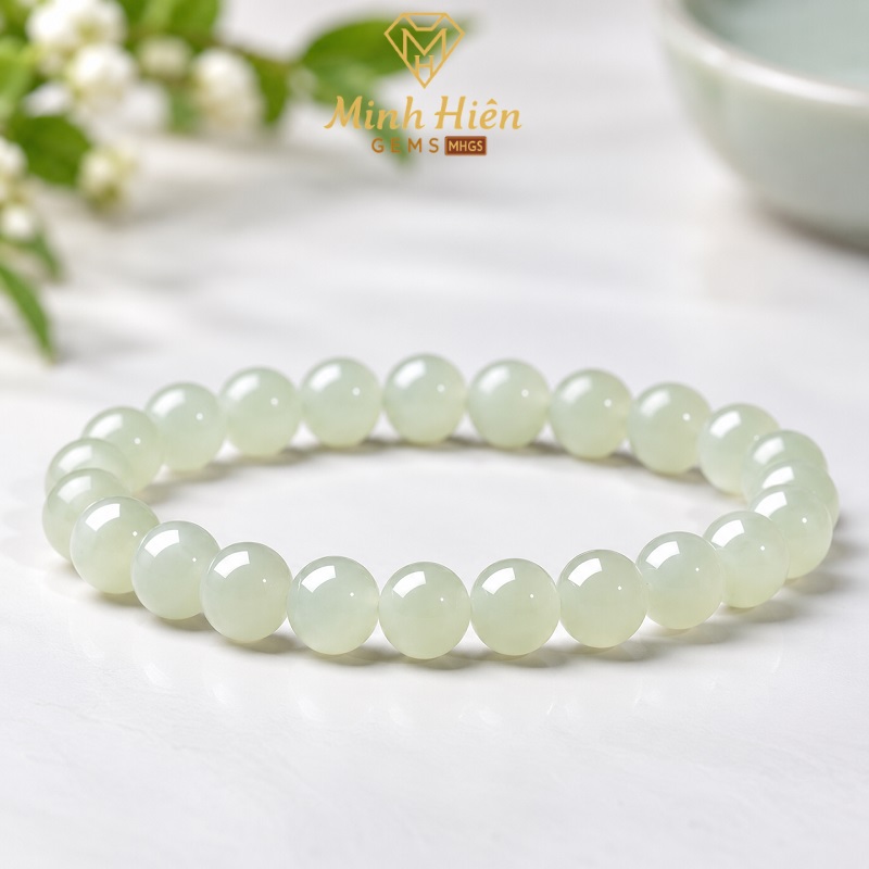 Vòng tay Ngọc Hòa Điền Xanh Băng Nước Trong tự nhiên 8mm