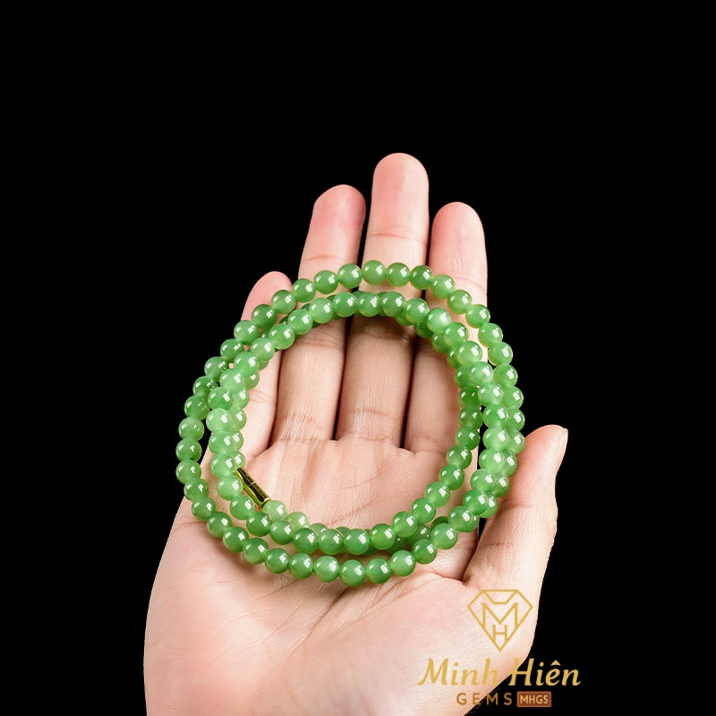 Vòng cổ Ngọc Bích Hòa Điền xanh rau bina tự nhiên hạt 6mm 17 ngochoadienbina5
