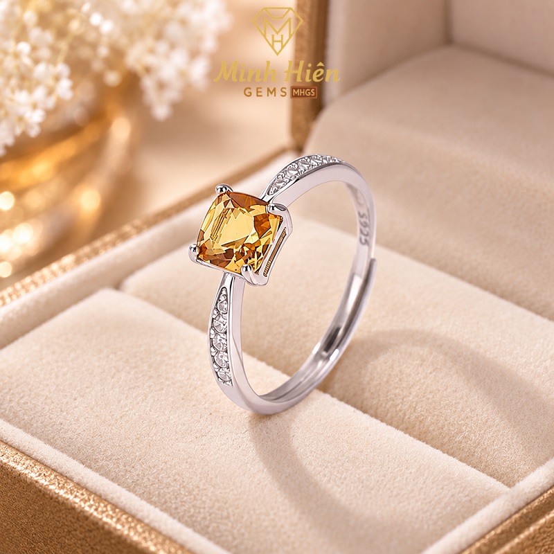 Nhẫn nữ Mặt Đá Vuông Thạch Anh Vàng tự nhiên – Bạc S925 16 nhanvuongthachanhvang